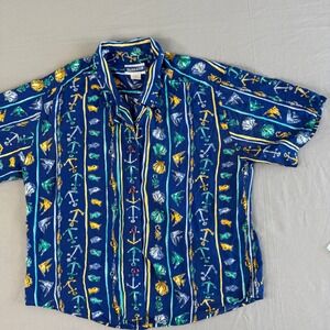 Pendleton Nautical Hawaiian Shirt Womens Size‎ 12 Blue Rayon Button Up Fish